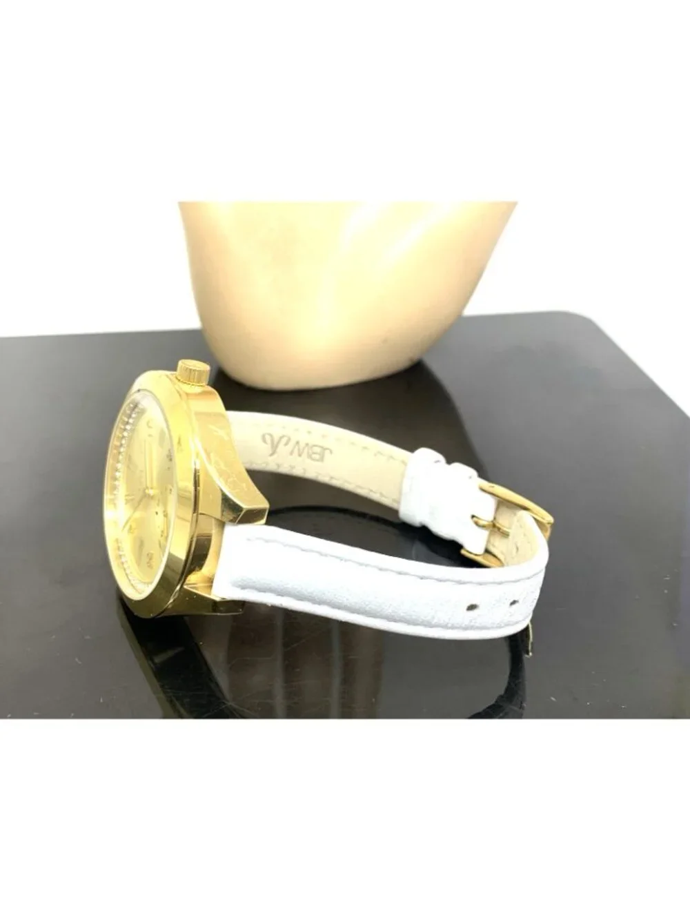 JBW Women's Watch J6309 Aria Quartz Gold Dial White Leather Strap 40mm